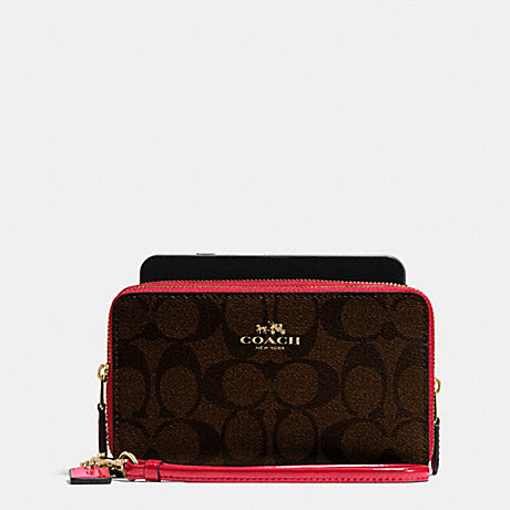 COACH BOXED DOUBLE ZIP PHONE WALLET IN SIGNATURE WITH PATENT LEATHER TRIM - IMITATION GOLD/BROW TRUE RED - f55978