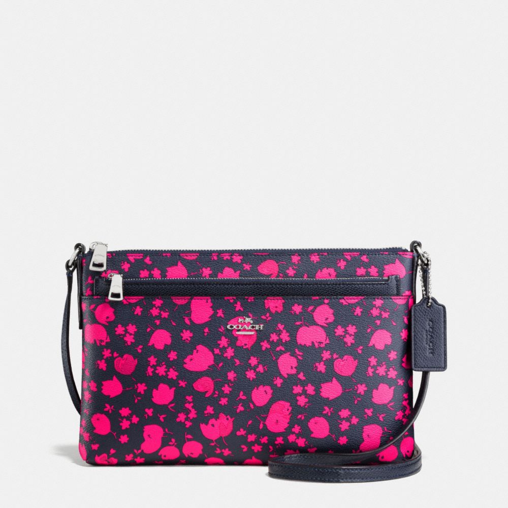 EAST/WEST CROSSBODY WITH POP UP POUCH IN PRAIRIE CALICO PRINT COATED CANVAS - COACH f56838 - SILVER/MIDNIGHT PINK RUBY