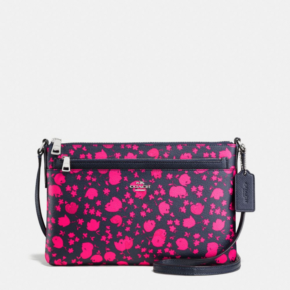 COACH EAST/WEST CROSSBODY WITH POP UP POUCH IN PRAIRIE CALICO PRINT COATED CANVAS - SILVER/MIDNIGHT PINK RUBY - F56838