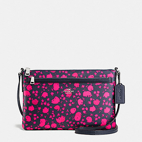 COACH EAST/WEST CROSSBODY WITH POP UP POUCH IN PRAIRIE CALICO PRINT COATED CANVAS - SILVER/MIDNIGHT PINK RUBY - f56838