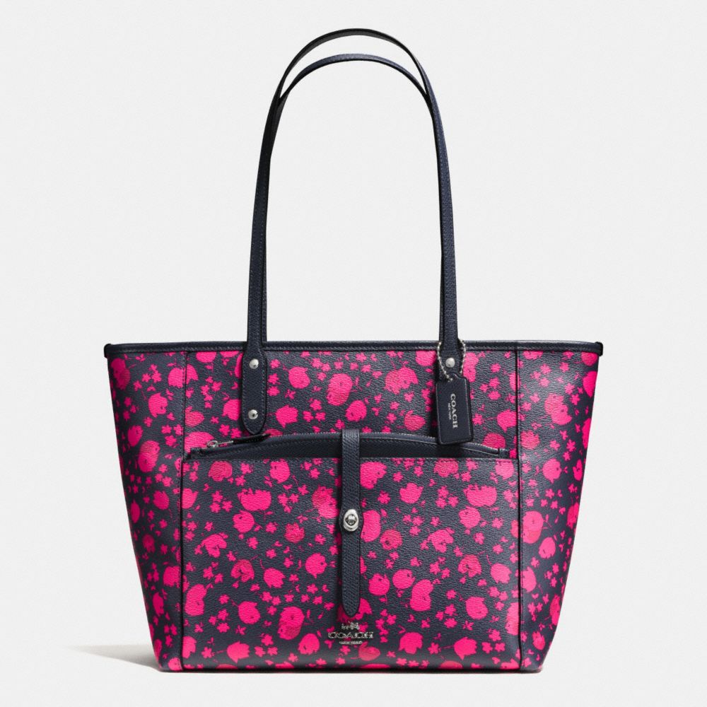 CITY TOTE WITH POUCH IN PRAIRIE CALICO FLORAL PRINT CANVAS -  COACH f57283 - SILVER/MIDNIGHT PINK RUBY