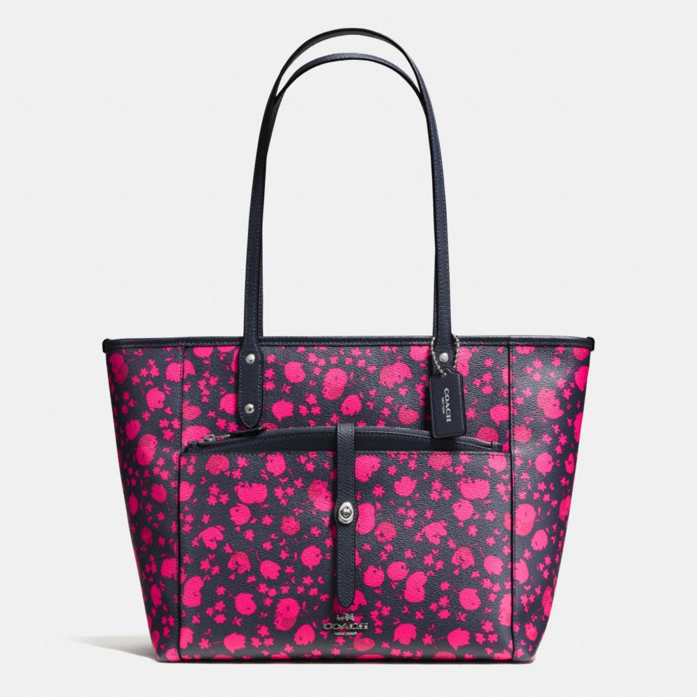 CITY TOTE WITH POUCH IN PRAIRIE CALICO FLORAL PRINT CANVAS - COACH f57283 - SILVER/MIDNIGHT PINK RUBY