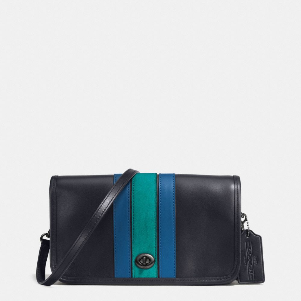 COACH 75TH ANNIVERSARY STRIPE PENNY CROSSBODY IN GLOVETANNED CALF LEATHER - BLACK ANTIQUE NICKEL/MIDNIGHT DENIM MULTI - F57461