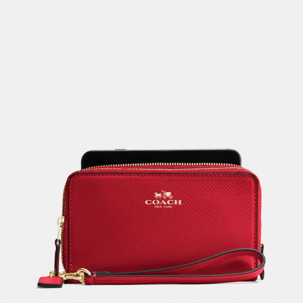 DOUBLE ZIP PHONE WALLET IN CROSSGRAIN LEATHER - COACH f57467 - IMITATION GOLD/TRUE RED