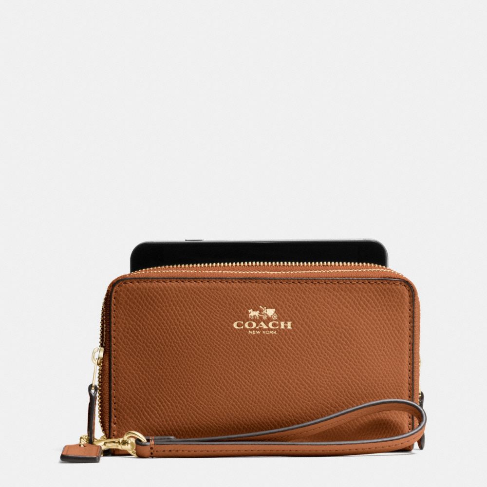 DOUBLE ZIP PHONE WALLET IN CROSSGRAIN LEATHER - COACH f57467 - IMITATION GOLD/SADDLE