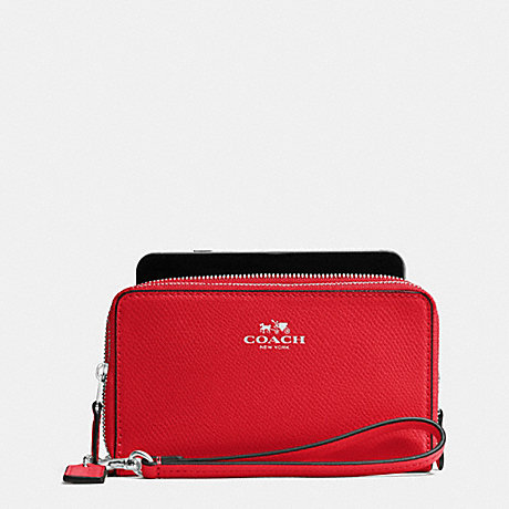 COACH DOUBLE ZIP PHONE WALLET IN CROSSGRAIN LEATHER - SILVER/BRIGHT RED - f57467