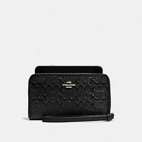 COACH PHONE WALLET IN SIGNATURE DEBOSSED PATENT LEATHER - IMITATION GOLD/BLACK - f57469