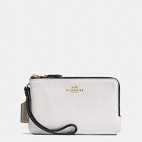 COACH DOUBLE CORNER ZIP WALLET IN COLORBLOCK LEATHER AND SIGNATURE - IMITATION GOLD/BROWN NEUTRAL MULTI - f57585
