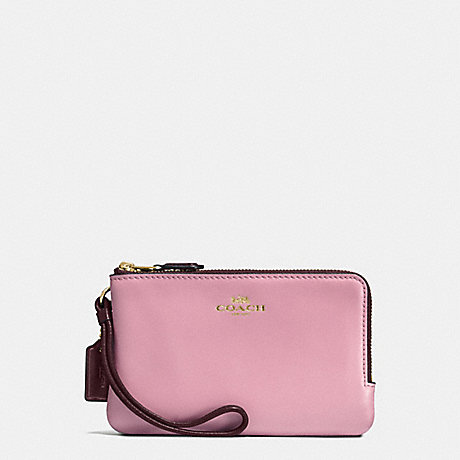 COACH DOUBLE CORNER ZIP WALLET IN COLORBLOCK LEATHER AND SIGNATURE - IMITATION GOLD/KHAKI OXBLOOD MULTI - f57585