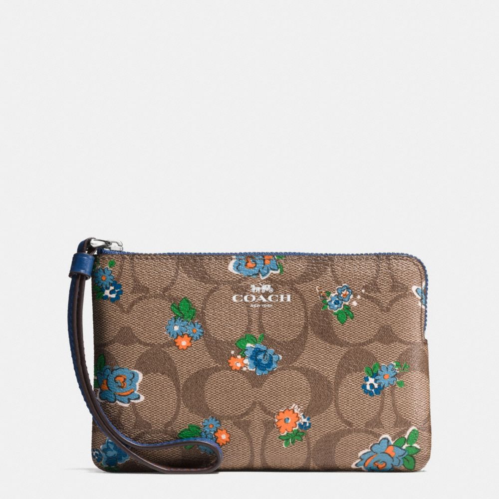 CORNER ZIP WRISTLET IN FLORAL LOGO PRINT COATED CANVAS - COACH f57588 - SILVER/KHAKI BLUE MULTI