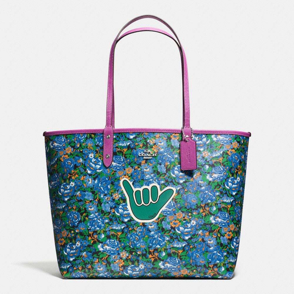 REVERSIBLE CITY TOTE IN ROSE MEADOW PRINT COATED CANVAS - COACH f57667 - SILVER/BLUE MULTI HYACINTH