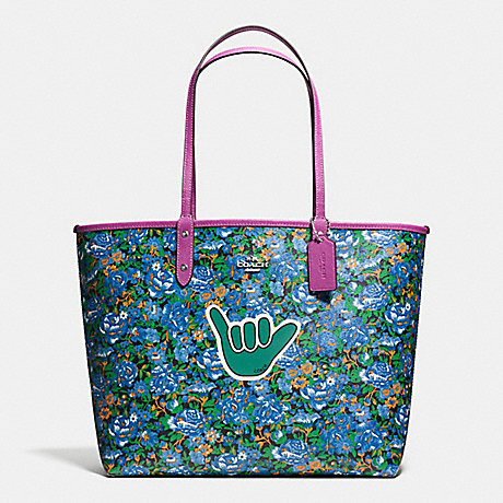 COACH REVERSIBLE CITY TOTE IN ROSE MEADOW PRINT COATED CANVAS - SILVER/BLUE MULTI HYACINTH - f57667