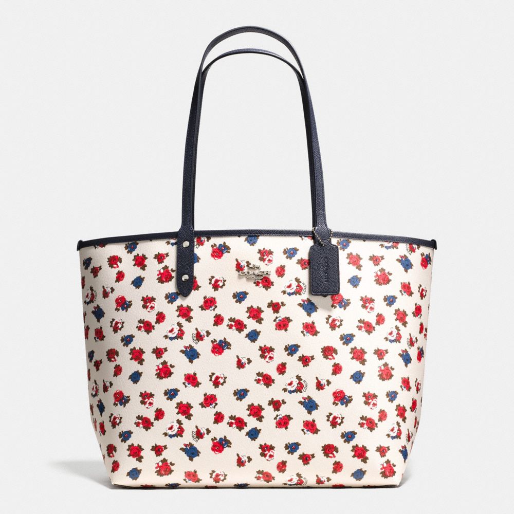 COACH REVERSIBLE CITY TOTE IN TEA ROSE FLORAL PRINT COATED CANVAS - SILVER/CHALK MULTI MIDNIGHT - F57668