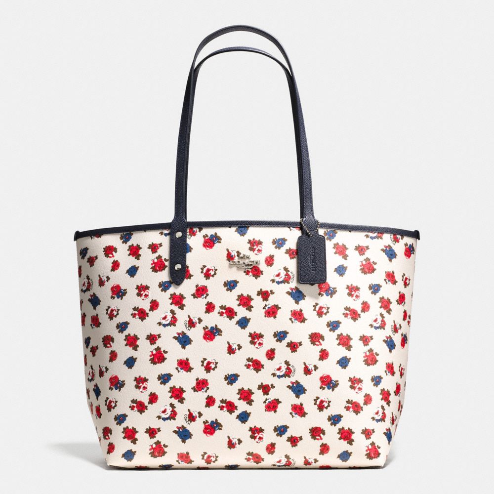 REVERSIBLE CITY TOTE IN TEA ROSE FLORAL PRINT COATED CANVAS -  COACH f57668 - SILVER/CHALK MULTI MIDNIGHT