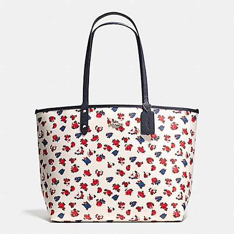 COACH REVERSIBLE CITY TOTE IN TEA ROSE FLORAL PRINT COATED CANVAS - SILVER/CHALK MULTI MIDNIGHT - f57668