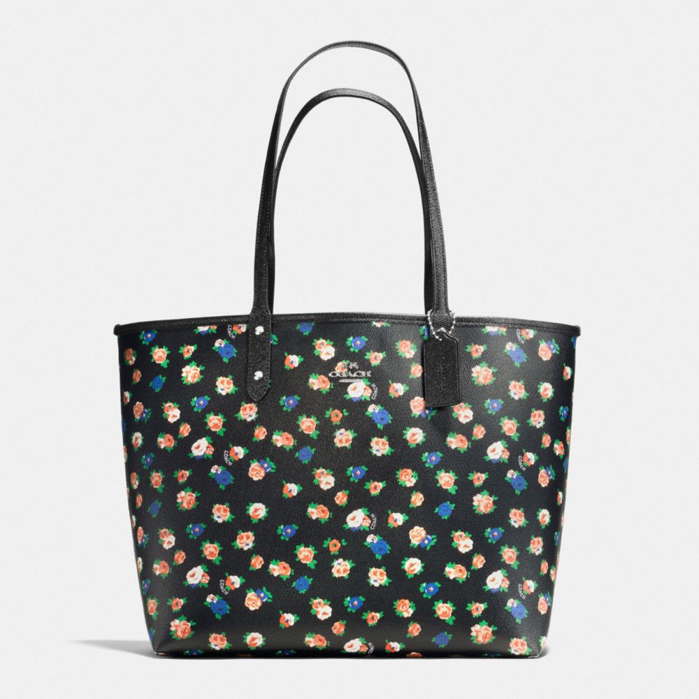 REVERSIBLE CITY TOTE IN TEA ROSE FLORAL PRINT COATED CANVAS -  COACH f57668 - SILVER/BLACK MULTI BLACK