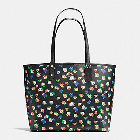 COACH REVERSIBLE CITY TOTE IN TEA ROSE FLORAL PRINT COATED CANVAS - SILVER/BLACK MULTI BLACK - f57668