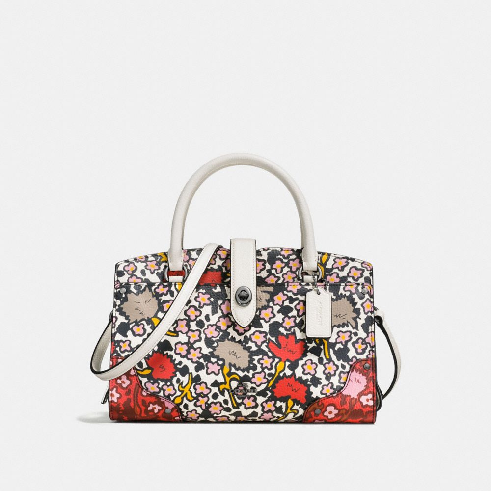 COACH MERCER SATCHEL 24 IN POLISHED PEBBLE LEATHER WITH MULTI FLORAL PRINT - DARK GUNMETAL/CHALK YANKEE FLORAL MULTI - F57703