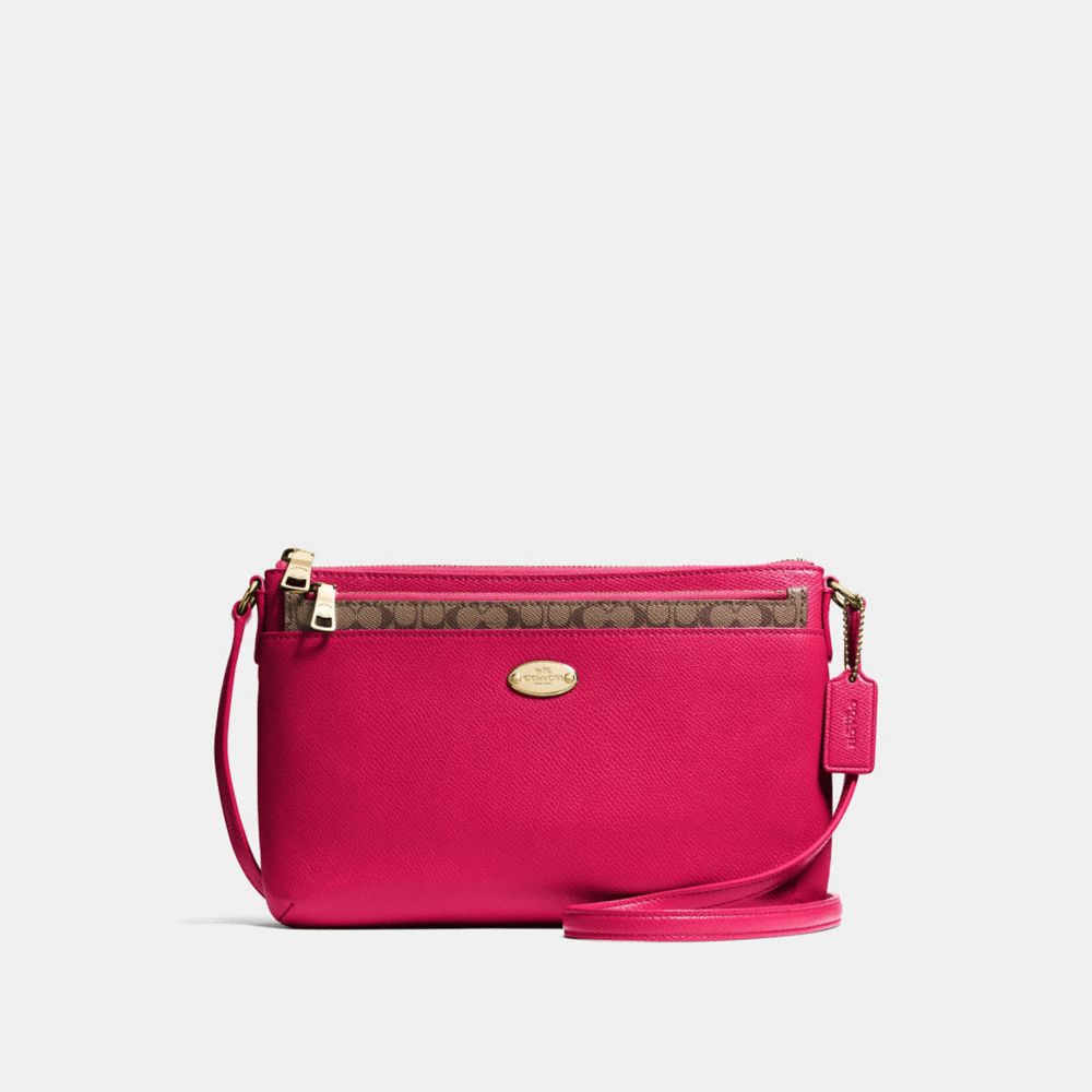 COACH EAST/WEST CROSSBODY WITH POP-UP POUCH IN CROSSGRAIN LEATHER - IMITATION GOLD/BRIGHT PINK - F57788