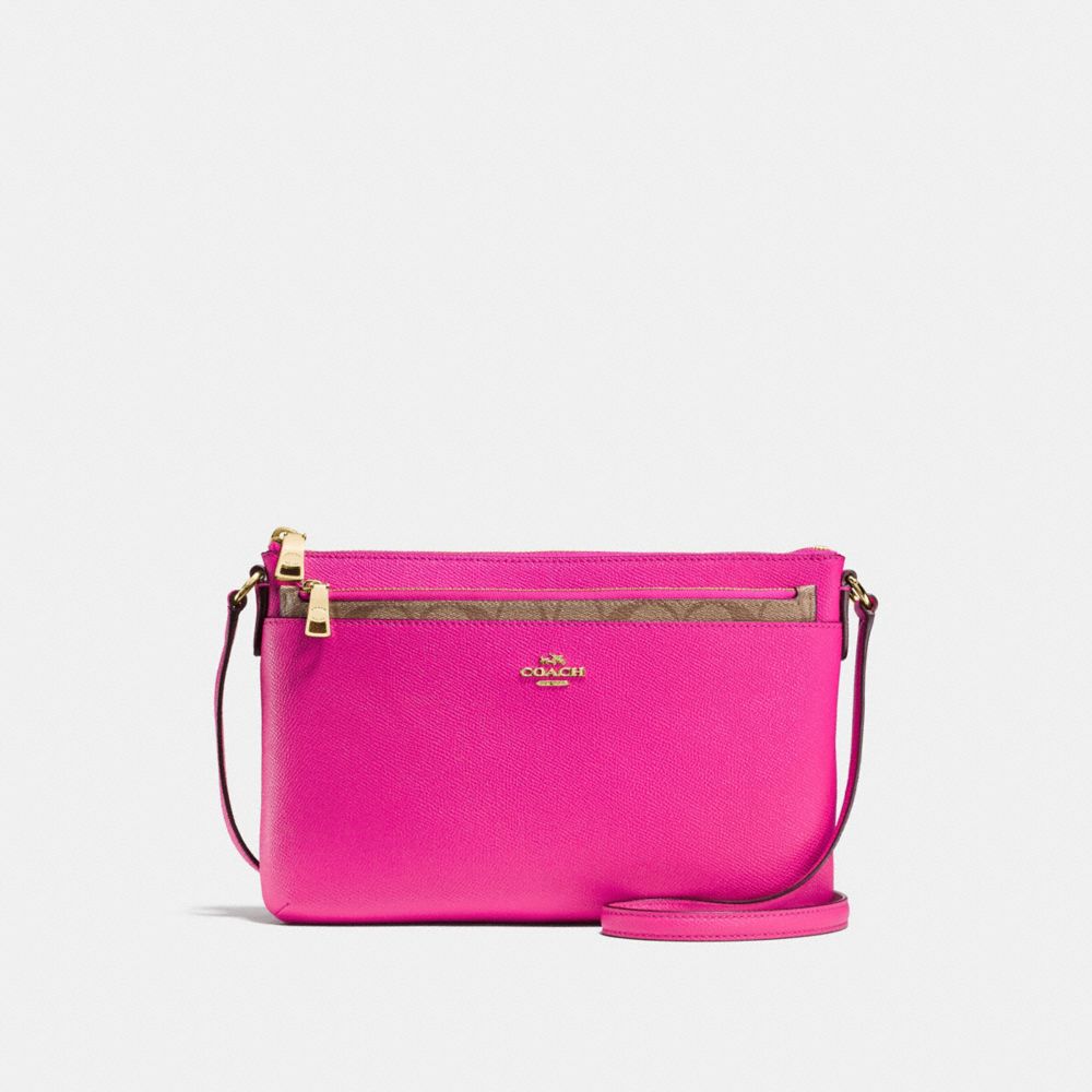 COACH EAST/WEST CROSSBODY WITH POP-UP POUCH IN CROSSGRAIN LEATHER - IMITATION GOLD/BRIGHT FUCHSIA - F57788