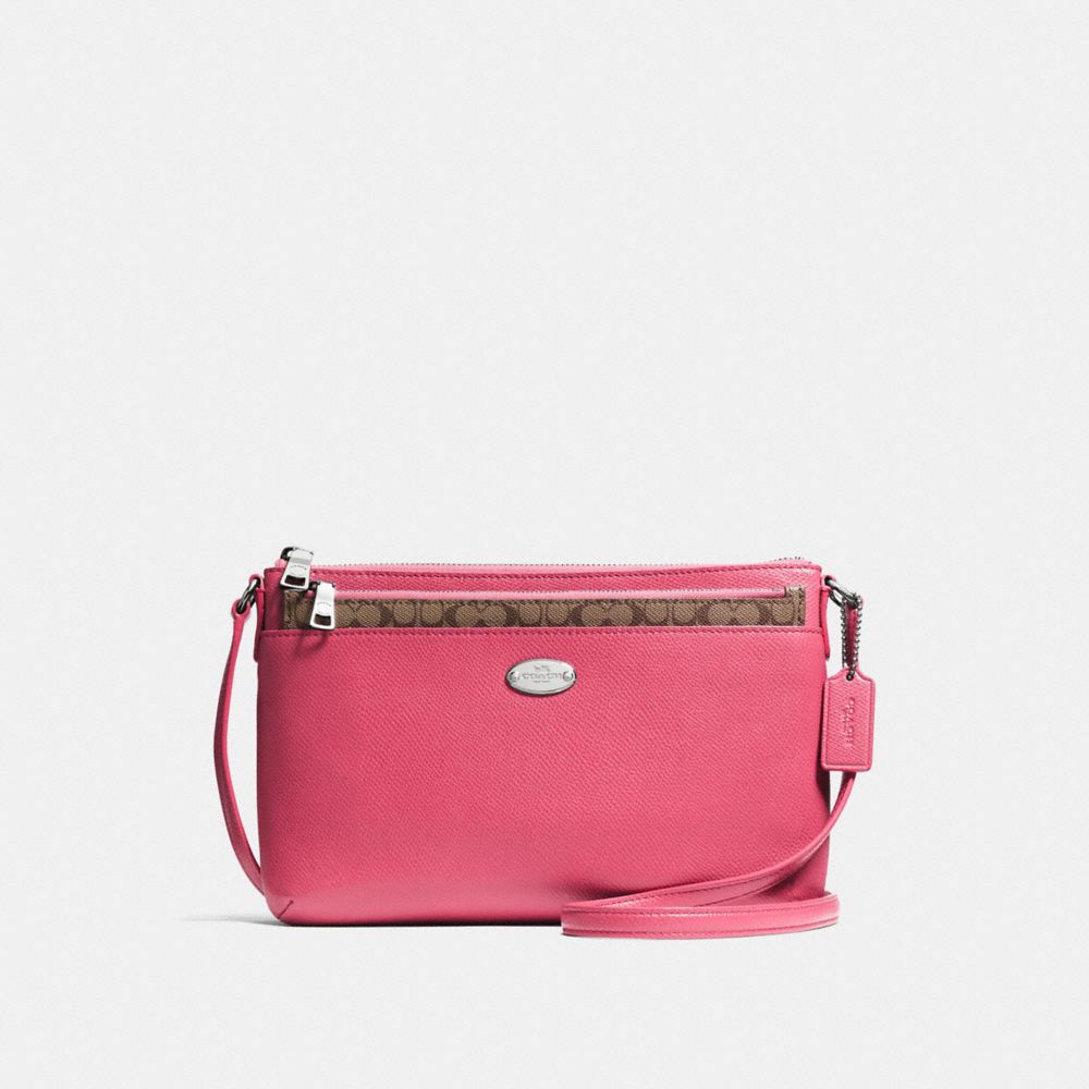 COACH EAST/WEST CROSSBODY WITH POP UP POUCH IN CROSSGRAIN LEATHER - SILVER/STRAWBERRY - F57788