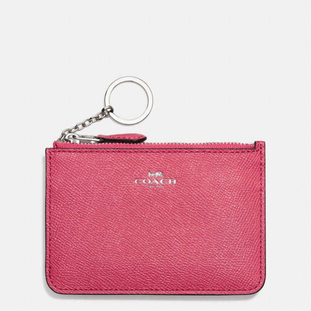 KEY POUCH WITH GUSSET IN CROSSGRAIN LEATHER - COACH f57854 - SILVER/STRAWBERRY