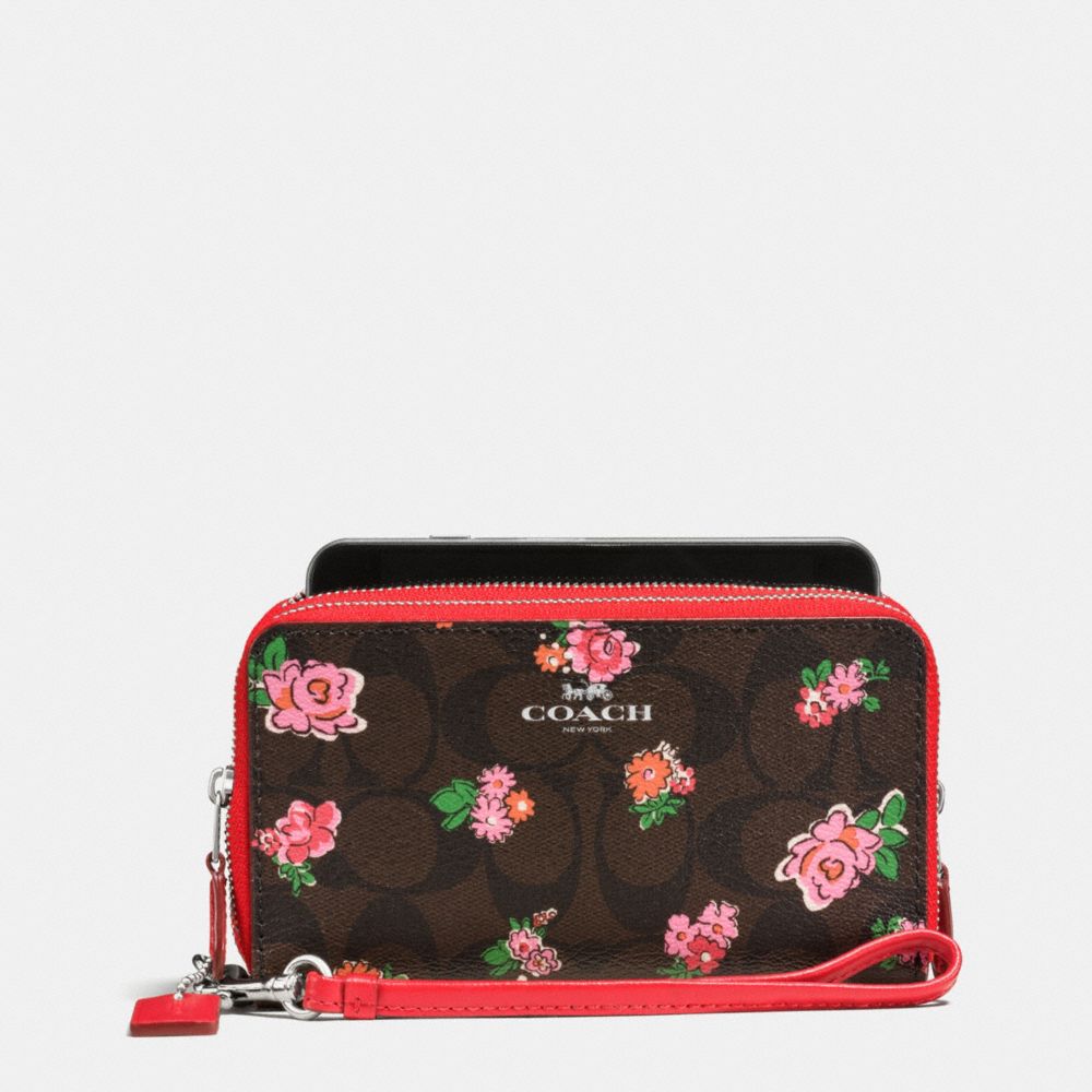 DOUBLE ZIP PHONE WALLET IN FLORAL LOGO PRINT - COACH f57959 -  SILVER/BROWN RED MULTI