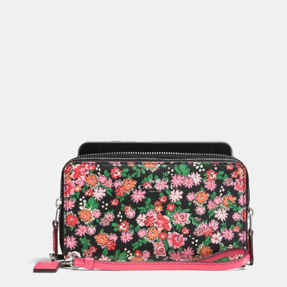 DOUBLE ZIP PHONE WALLET IN POSEY CLUSTER FLORAL PRINT - COACH f57961 - SILVER/PINK MULTI