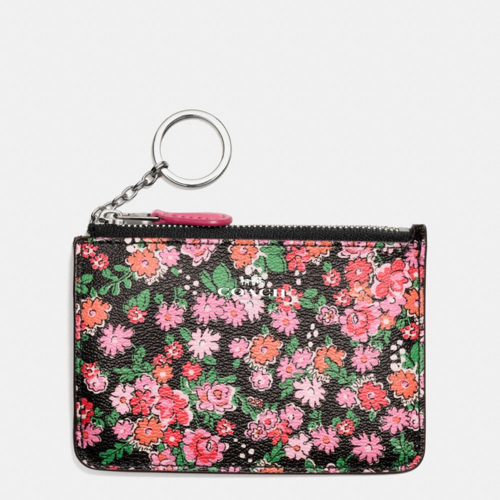 KEY POUCH WITH GUSSET IN POSEY CLUSTER FLORAL PRINT COATED CANVAS - COACH f57984 - SILVER/PINK MULTI