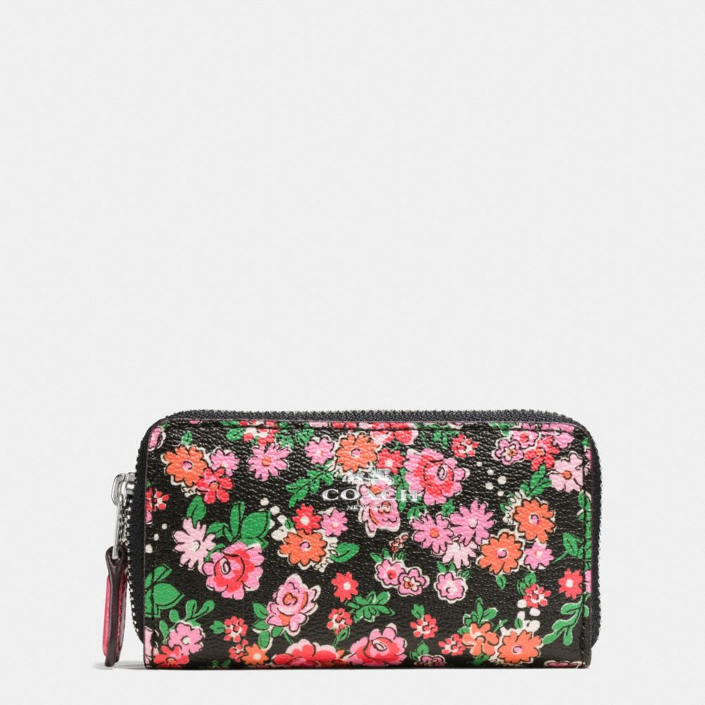 SMALL DOUBLE ZIP COIN CASE IN POSEY CLUSTER FLORAL PRINT - COACH  f57985 - SILVER/PINK MULTI