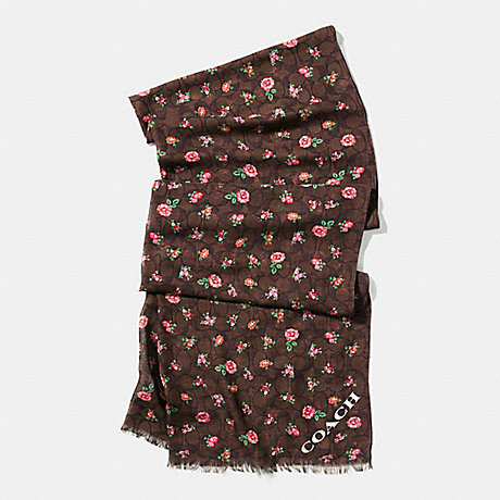 COACH FLORAL PRINTED SIGNATURE C OBLONG SCARF - BROWN RED MULTICOLOR - f58006