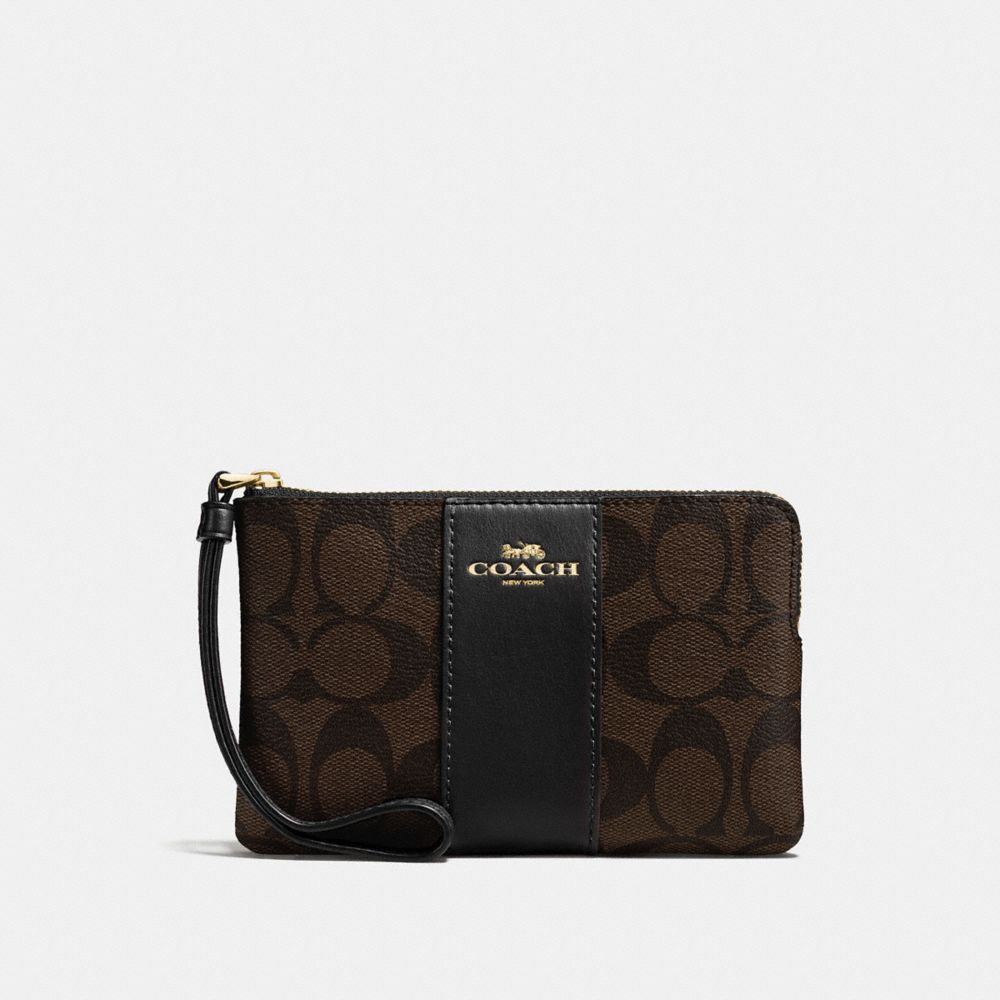 CORNER ZIP WRISTLET IN SIGNATURE COATED CANVAS WITH LEATHER STRIPE - COACH f58035 - IMITATION GOLD/BROWN/BLACK