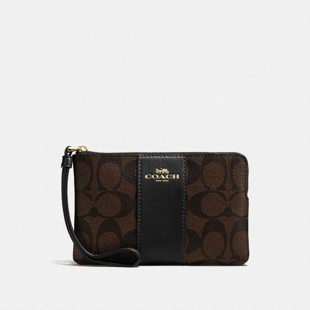 CORNER ZIP WRISTLET IN SIGNATURE COATED CANVAS WITH LEATHER  STRIPE - COACH f58035 - IMITATION GOLD/BROWN/BLACK