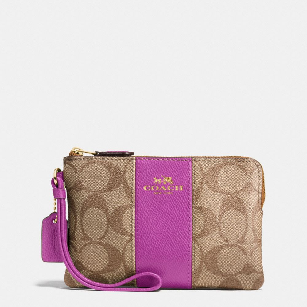 CORNER ZIP WRISTLET IN SIGNATURE COATED CANVAS WITH LEATHER STRIPE - COACH f58035 - IMITATION GOLD/KHAKI/HYACINTH