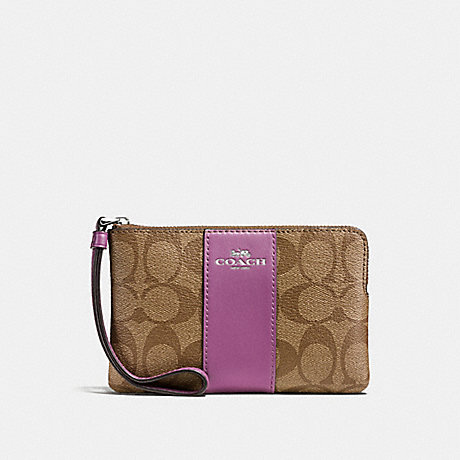 COACH CORNER ZIP WRISTLET IN SIGNATURE COATED CANVAS WITH LEATHER STRIPE - SILVER/KHAKI - f58035