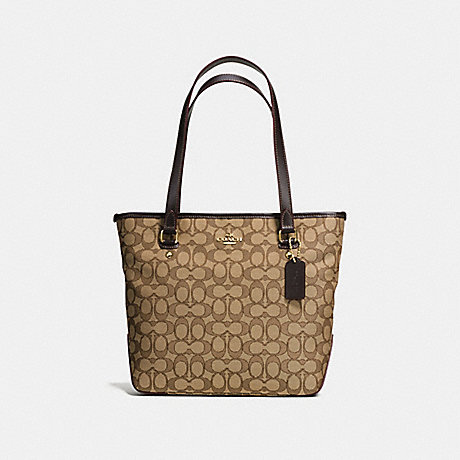 COACH ZIP TOP TOTE IN OUTLINE SIGNATURE - IMITATION GOLD/KHAKI/BROWN - f58282