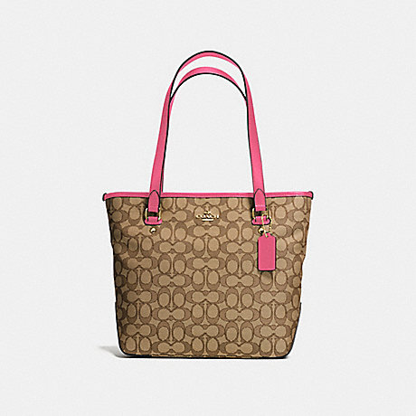 COACH ZIP TOP TOTE IN OUTLINE SIGNATURE - IMITATION GOLD/KHAKI STRAWBERRY - f58282