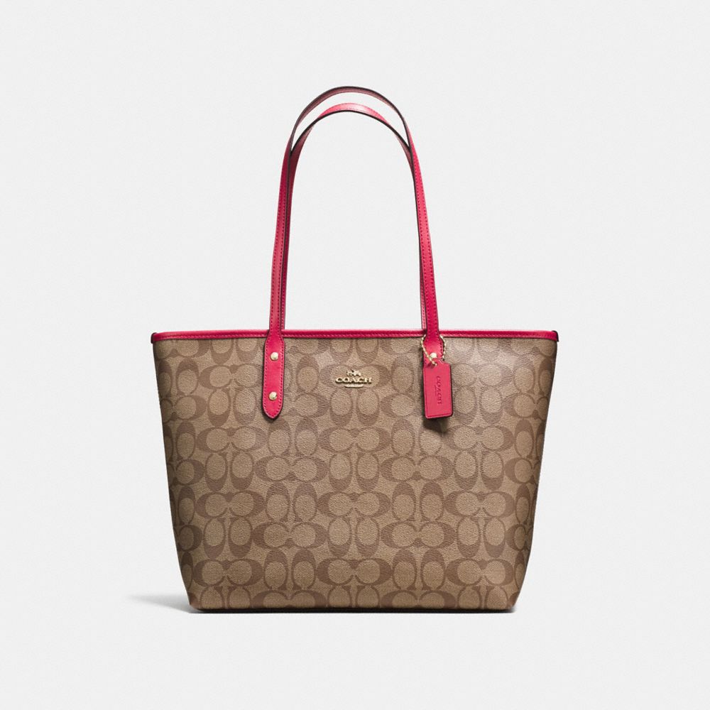 CITY ZIP TOTE IN SIGNATURE COATED CANVAS - COACH f58292 -  IMITATION GOLD/KHAKI/BRIGHT PINK