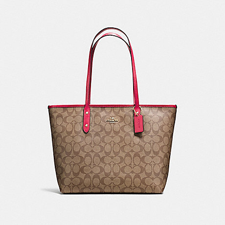 COACH CITY ZIP TOTE IN SIGNATURE COATED CANVAS - IMITATION GOLD/KHAKI/BRIGHT PINK - f58292