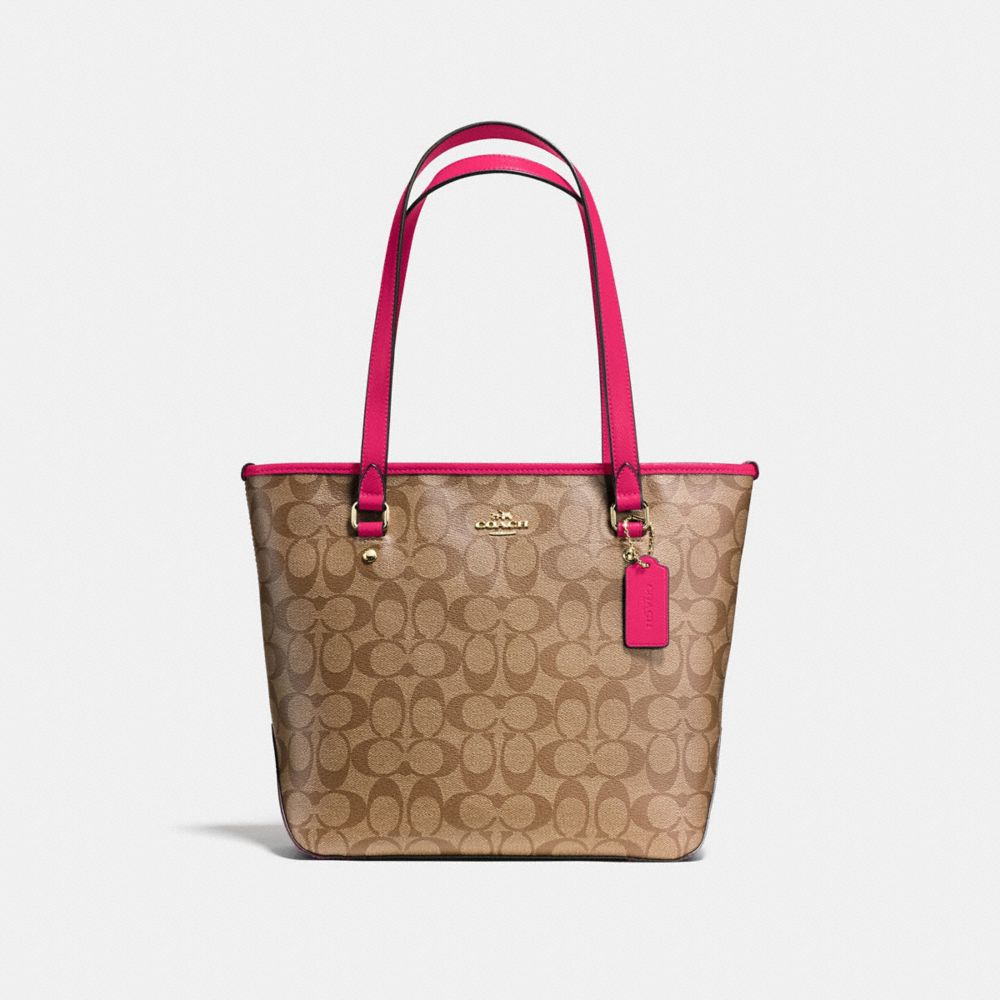 ZIP TOP TOTE IN SIGNATURE - COACH f58294 - IMITATION GOLD/KHAKI  BRIGHT PINK