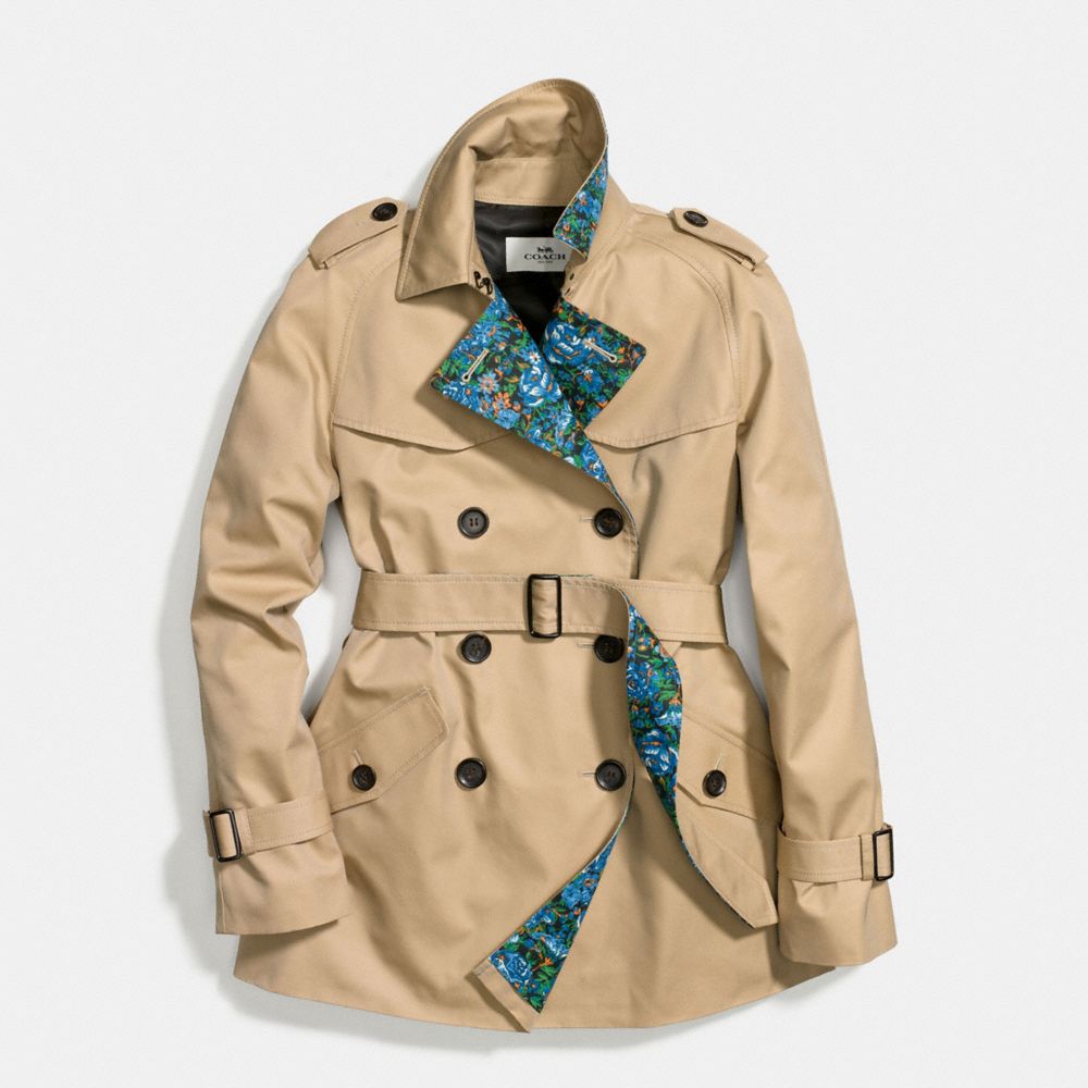 FLORAL BLOCKED SHORT TRENCH - COACH f58345 - CHALK KHAKI BLUE