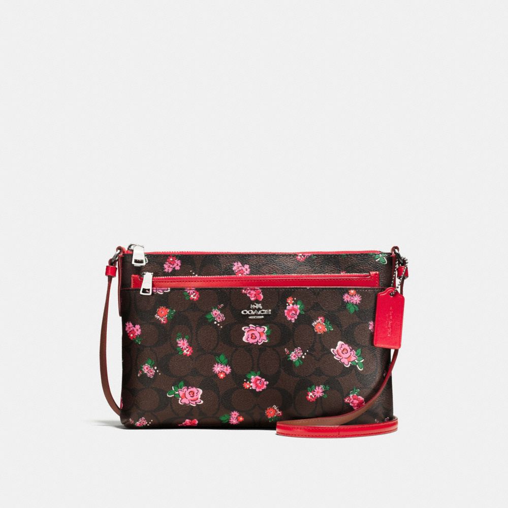 EAST/WEST CROSSBODY WITH POP-UP POUCH IN FLORAL LOGO PRINT  LEATHER - COACH f58383 - SILVER/BROWN RED MULTI