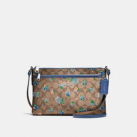 COACH EAST/WEST CROSSBODY WITH POP-UP POUCH IN FLORAL LOGO PRINT LEATHER - SILVER/KHAKI BLUE MULTI - f58383