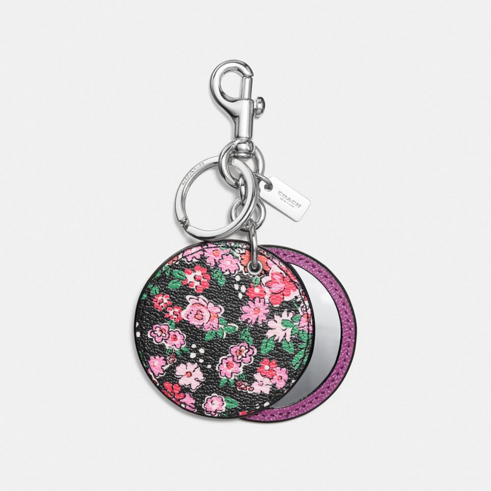 COACH FLORAL DISC MIRROR BAG CHARM - SILVER/STRAWBERRY HYACINTH - F58500