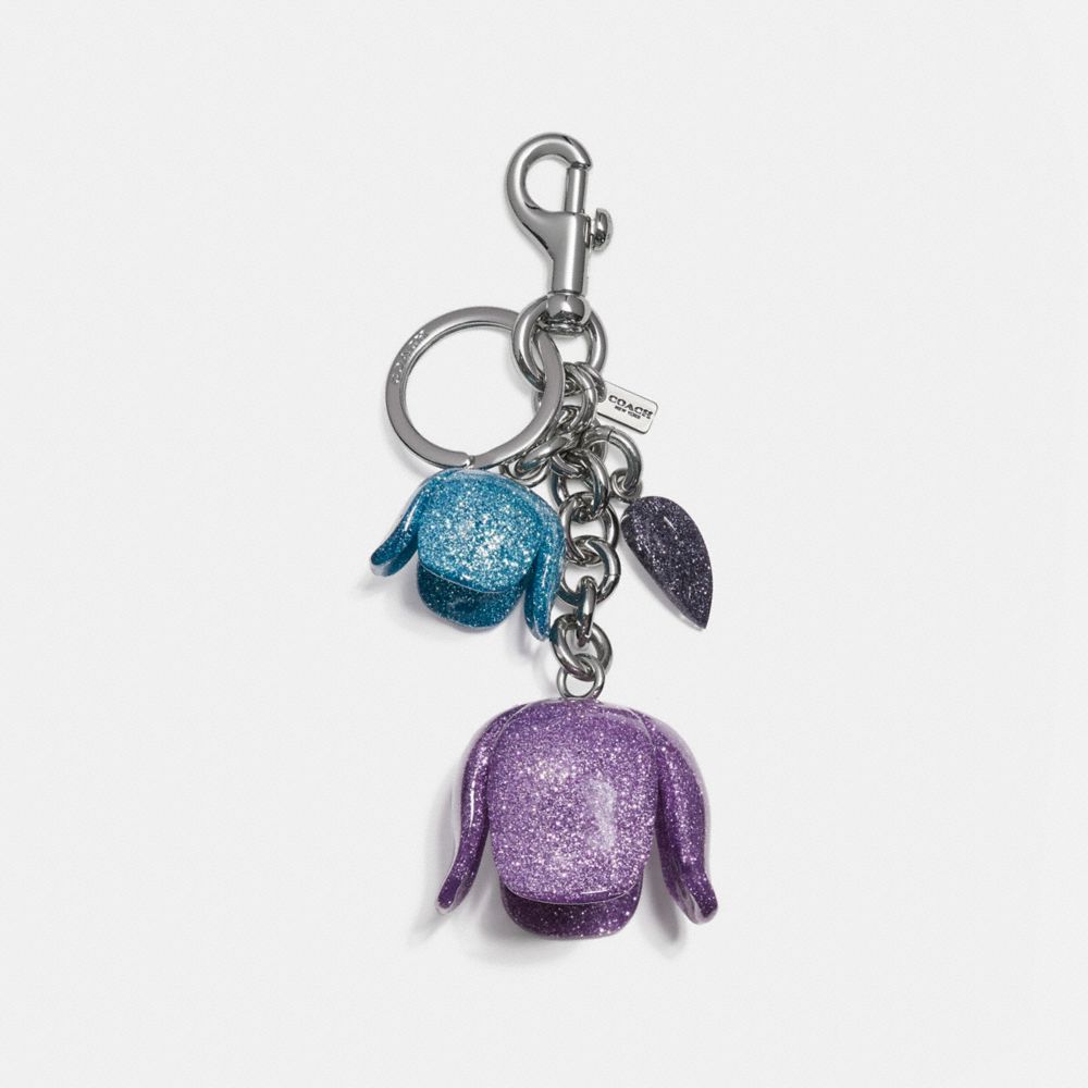 GLITTER RESIN TEA ROSE BAG CHARM - COACH f58514 - SILVER/MAUVE