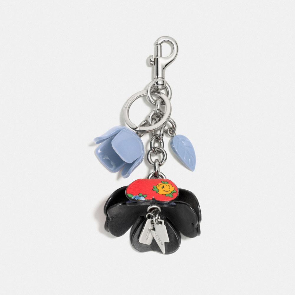 FLORAL RESIN AND COATED CANVAS TEA ROSE BAG CHARM - COACH f58517  - SILVER/CORNFLOWER
