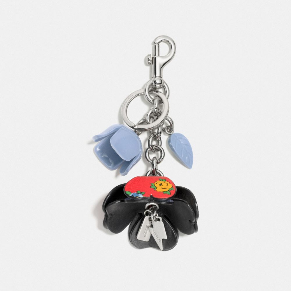 COACH FLORAL RESIN AND COATED CANVAS TEA ROSE BAG CHARM - SILVER/CORNFLOWER - F58517