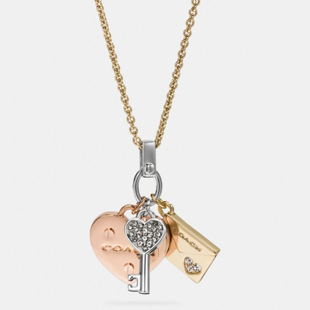 LONG HEART AND KEY MIX CHARM NECKLACE - COACH f58528 - GOLD/SILVER ROSEGOLD
