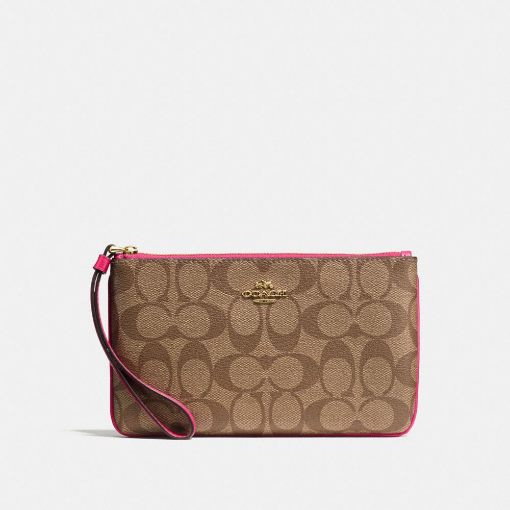 LARGE WRISTLET IN SIGNATURE COATED CANVAS - COACH f58695 - IMITATION GOLD/KHAKI/BRIGHT PINK