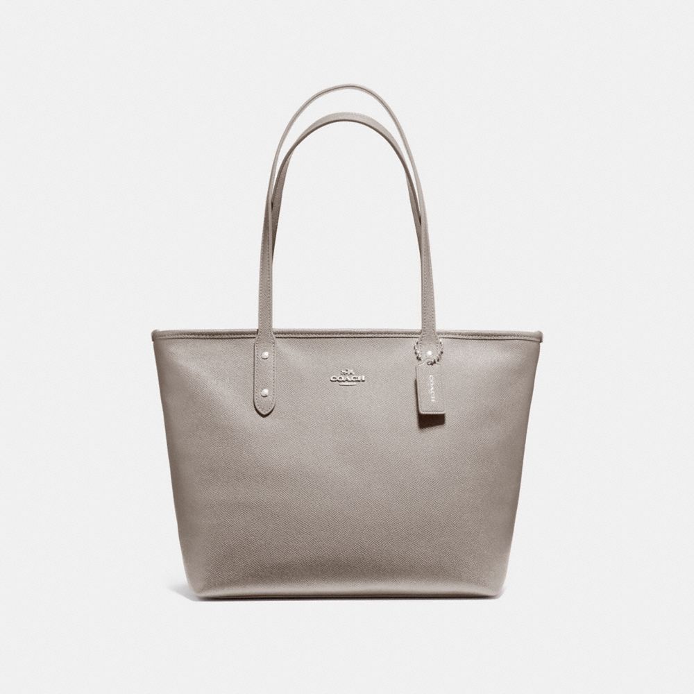 COACH CITY ZIP TOTE IN CROSSGRAIN LEATHER AND COATED CANVAS - SILVER/HEATHER GREY - F58846